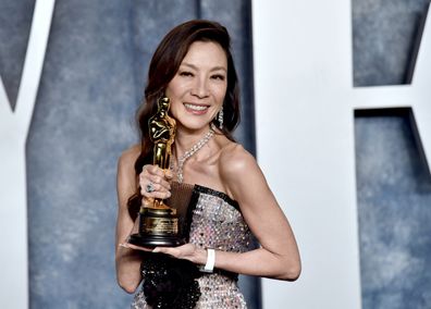 Michelle Yeoh, winner of the Oscar for lead actress, arrives at the Vanity Fair Oscar Party on Sunday, March 12, 2023, at the Wallis Annenberg Center for the Performing Arts in Beverly Hills, Calif. (Photo by Evan Agostini/Invision/AP)
