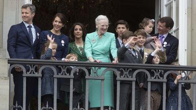 Princess Mary joins the Danish royal family to mark Queen Margrethe II of Denmark's 75th birthday at Amalienborg Palace on April 16, 2015.