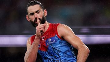 ADELAIDE, AUSTRALIA - MAY 19: Brodie Grundy of the Demons celebrates a goal during the 2023 AFL Round 10 match between Yartapuulti/Port Adelaide Power and Narrm/Melbourne Demons at Adelaide Oval on May 19, 2023 in Adelaide, Australia. (Photo by James Elsby/AFL Photos)
