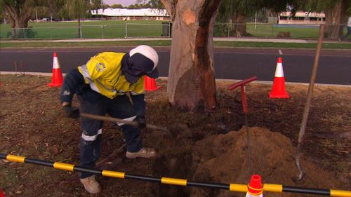 Water Corporation workers investigating the strange leak (9News)