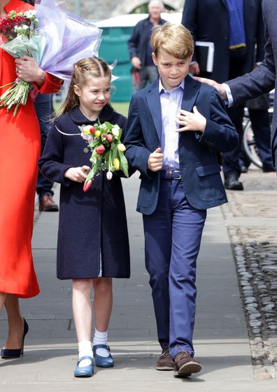 Princess Charlotte of Cambridge and Prince George of Cambridge during a visit to Cardiff Castle on June 04, 2022 in Cardiff, Wales. 