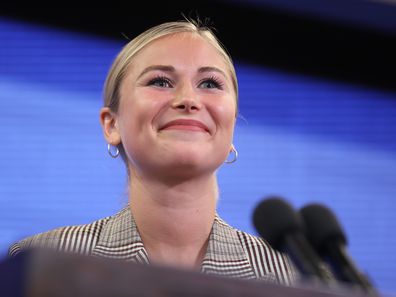 2021 Australian of the Year Grace Tame during her address to the National Press Club of Australia in Canberra on Wednesday 3 March 2021. fedpol Photo: Alex Ellinghausen
