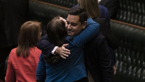 Independent MP Alex Greenwich is congratulated by Liberal MP Felicity Wilson after the passing of the bill to decriminalise abortion  on September 26, 2019 in Sydney. 