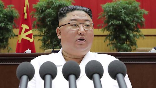North Korean leader Kim Jong Un delivers a closing speech at the Sixth Conference of Cell Secretaries of the Workers' Party of Korea.