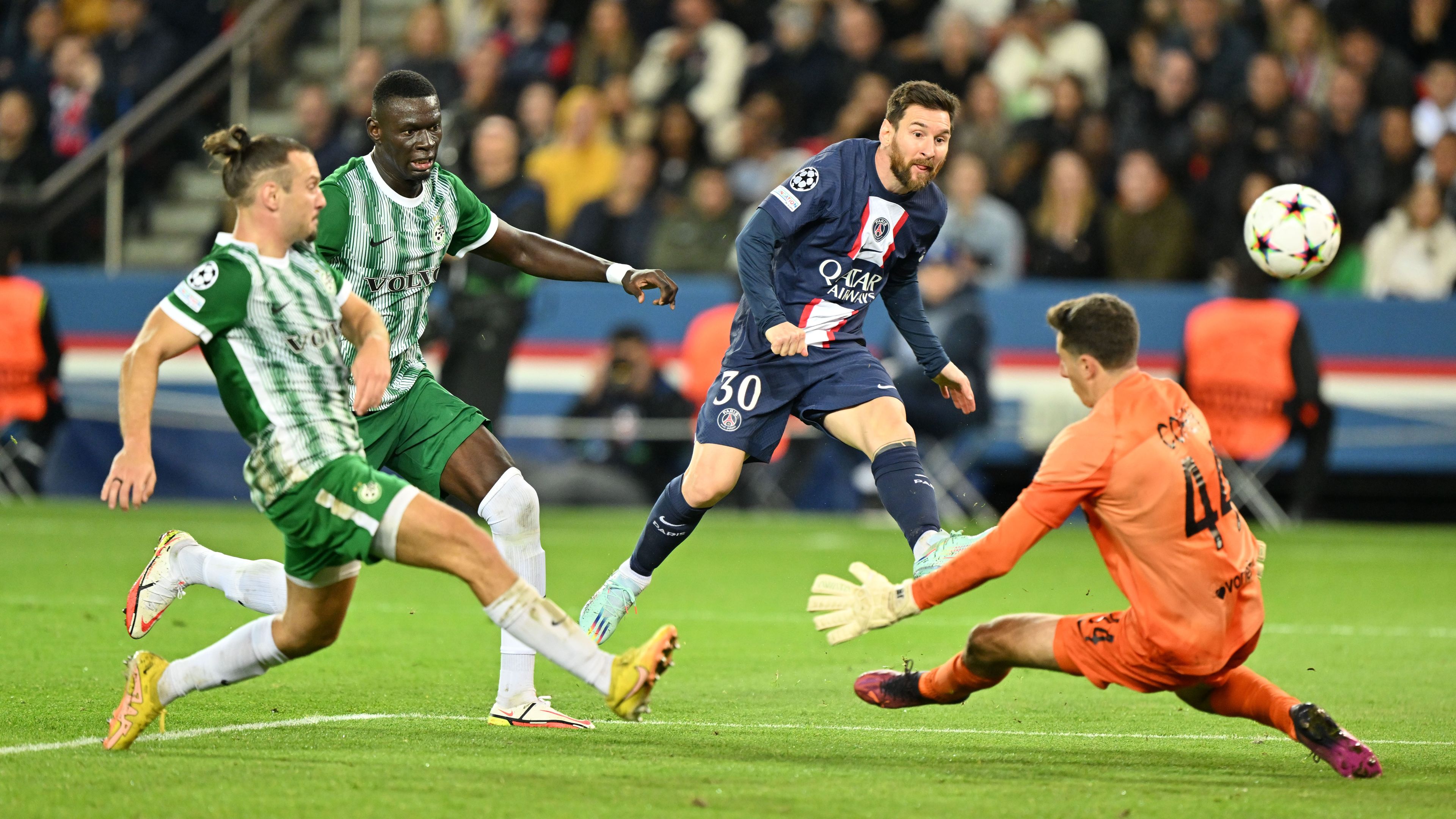 Lionel Messi (second from right) in action during the UEFA Champions League soccer match between Paris Saint-Germain and Maccabi Haifa FC at Parc des Princes stadium in Paris, France.