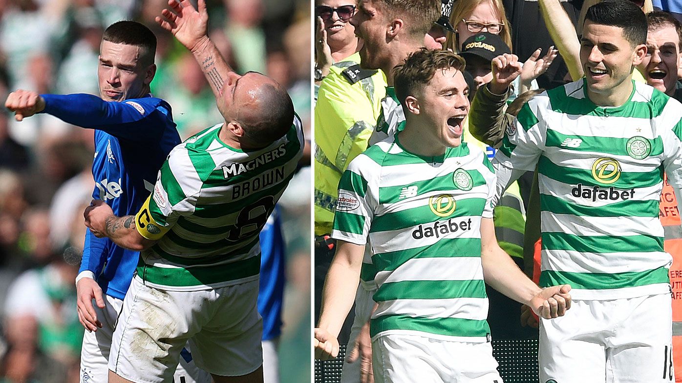 Rangers' Ryan Kent (left) and Celtic's Scott Brown clash