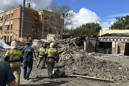 This photo released by Telegram Channel of Rostov-on-Don Region Governor Vasiliy Golubev shows the site of an explosion in Taganrog, Russia, Friday, July 28, 2023.  