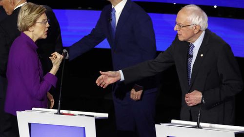 Elizabeth Warren rejects Bernie Sanders' handshake at the end of the debate.