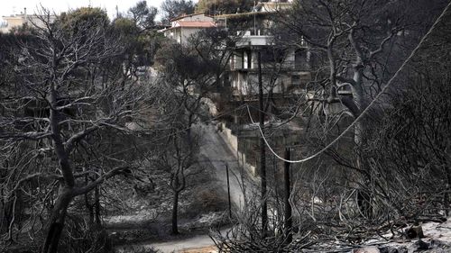 A fire damaged area with houses in Rafina, Attica, Greece. (AAP)