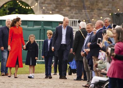 Kate, Duchess of Cambridge, Princess Charlotte, Prince George and Prince William during their visit to Cardiff Castle to meet performers and crew involved in the special Platinum Jubilee Celebration Concert taking place in the castle grounds later in the afternoon, Saturday June 4, 2022, on the third of four days of celebrations to mark the Platinum Jubilee. 