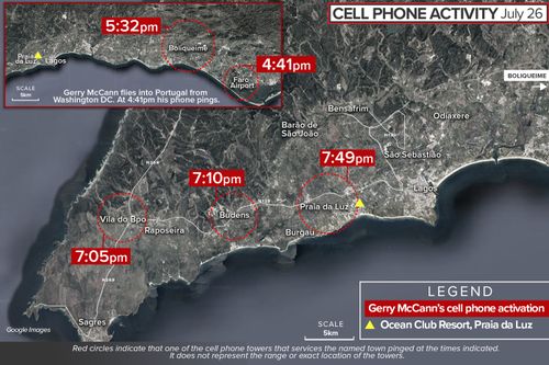 Map showing cell phone mast pings of Gerry McCann in Portugal, 2007.