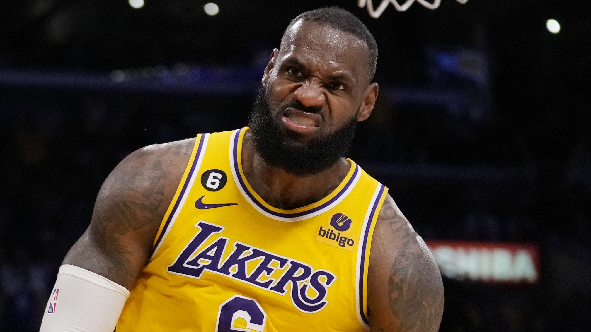 Los Angeles Lakers forward LeBron James (6) reacts after scoring during the second half in Game 6 of an NBA basketball Western Conference semifinal series against the Golden State Warriors Friday, May 12, 2023, in Los Angeles. (AP Photo/Ashley Landis)