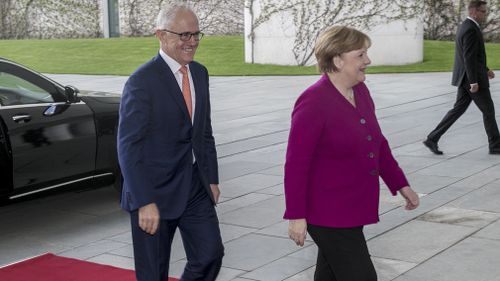 Prime Minister Malcolm Turnbull met with German Chancellor Angela Merkel today to discuss trade, the United States and China. Picture: AAP.