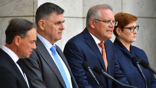 Minister for Health Greg Hunt, Chief Medical Officer Professor Brendan Murphy, Prime Minister Scott Morrison and Minister for Foreign Affairs Marise Payne.