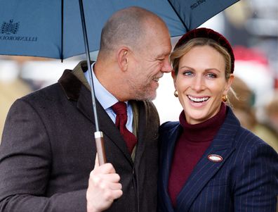 Mike Tindall and Zara Tindall attend the New Year's Day Racing Meet at Cheltenham Racecourse on January 1, 2025 in Cheltenham, England. 
