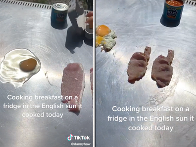 cooking bacon and eggs during UK heatwave