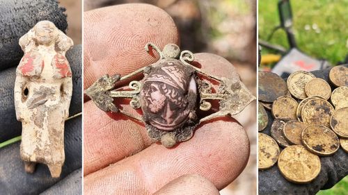 A WW1 Lead Toy Nurse found detecting at an old farm house (left) and an 1890s cameo brooch (centre) both found by metal detectorists Luke Phillips and Rhys Hall respectively. 