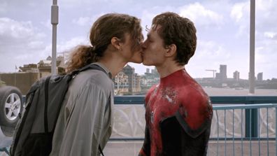 Zendaya, Tom Holland, Spider-Man, Peter Parker and MJ kissing in Spider-Man: Far From Home