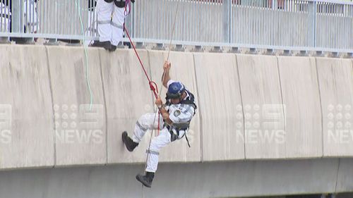 NSW Police lowered to grab the protester who held up traffic to Port Botany.