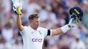 England's Joe Root celebrates reaching his century on day one of the first Ashes test match at Edgbaston, Birmingham. Picture date: Friday June 16, 2023. (Photo by Mike Egerton/PA Images via Getty Images)