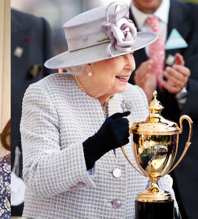 Queen Elizabeth II presents the Queen Elizabeth II Stakes trophy as she attends QICPO British Champions Day at Ascot Racecourse on October 19, 2019 in Ascot, England.