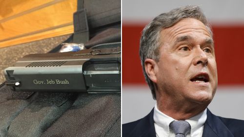 Social media erupts after Republican presidential hopeful Jeb Bush tweets photo of pistol with one-word caption
