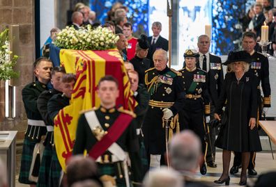 King Charles III, Princess Anne, Prince Andrew, Camilla the Queen Consort and Tim Laurence during a Service of Prayer and Reflection for the Life of Queen Elizabeth II at St Giles' Cathedral, Edinburgh, Monday, Sept. 12, 2022.
