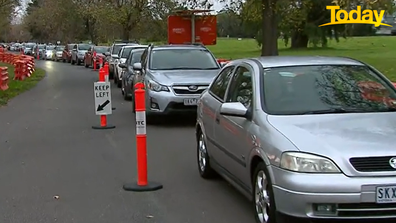 This was the line outside the Albert Park testing hub, half an hour before the facility opened this morning. 
