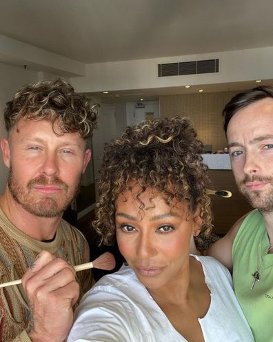 Mel B works with her fiance Rory McPhee (right) on the set of The Masked singer Australia.