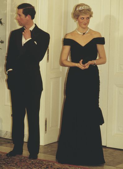 Prince Charles and Diana, Princess of Wales attend a presidential state banquet in Bonn, Germany, 2nd November 1987. Diana is wearing an evening gown by Victor Edelstein.