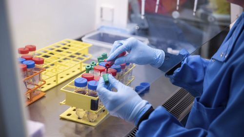 A researcher at a Jenner Institute laboratory in Oxford, England, works on the coronavirus vaccine developed by AstraZeneca and the University of Oxford.