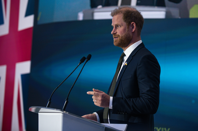 Kiev, Ukraine - April 23: Prince Harry, Duke of Sussex, delivers a speech during the Kiev Security Forum on April 23, 2026 in Kiev, Ukraine. Prince Harry, Duke of Sussex, founder of the Invictus Games Foundation, arrives in Ukraine and takes part in the 18th Kyiv Security Forum. He addresses forum participants and takes part in one of the panel discussions with Ukrainian veterans. (Photo by Andrii Khodkov/Apostrophe/Global Images Ukraine via Getty Images)