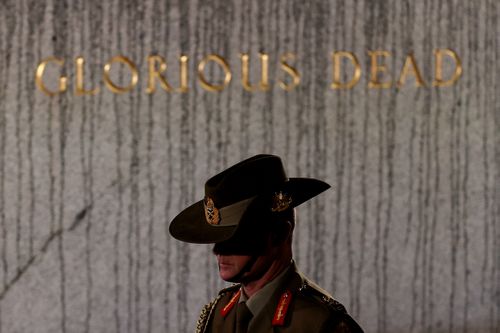 SYDNEY, AUSTRALIA - APRIL 25: A Defence person stands next to the Cenotaph during the Sydney Dawn Service on April 25, 2022 in Sydney, Australia. 