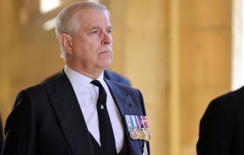 Prince Andrew at Prince Philip's funeral in Windsor on April 17