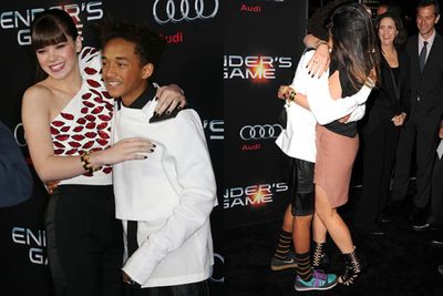 <i>Ender's Game</i> star Hailee Steinfeld with Jaden Smith / Jaden hugging Kylie Jenner on the red carpet.