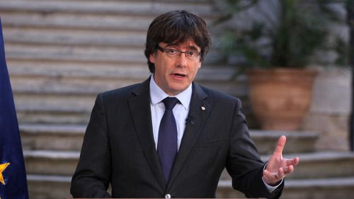 Catalan President Carles Puigdemont speaks during a statement at the Palau Generalitat in Barcelona, Spain. (AP)
