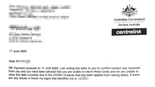 A letter received by Ryan, which confirms he will be unable to return the money accidentally paid to him until October.