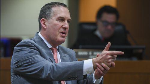 Deputy District Attorney John Lewin gestures during the second day of opening statements of Robert Durst's murder trial.