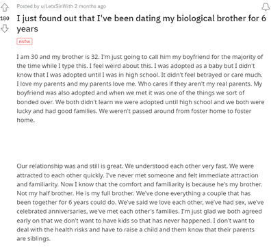 woman discovers boyfriend is brother