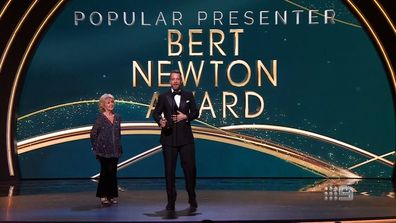 Hamish Blake accepts Bert Newton award during 2022 Logies.