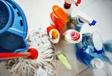 Home cleaning products on the floor