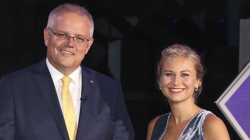 2021 Australian of the Year Grace Tame and Prime Minister Scott Morrison during the 2021 Australian of the Year Awards ceremony at the National Arboretum in Canberra on Monday 25 January 2021