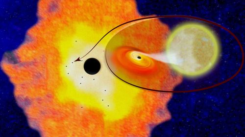 This illustration provided by Columbia University shows the supermassive black hole Sagittarius A, located at the center of the Milky Way Galaxy, surrounded by a cloud of dust and gas within which are 12 smaller black holes, and a closeup of one of the systems.(AP).