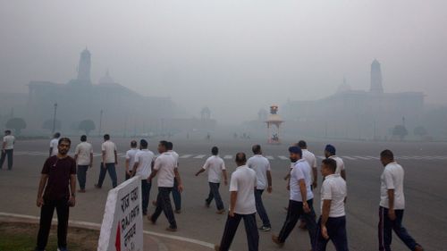 Raisina hill, government seat of power is seen engulfed in morning smog a day after Diwali festival, in New Delhi, India. (AP)