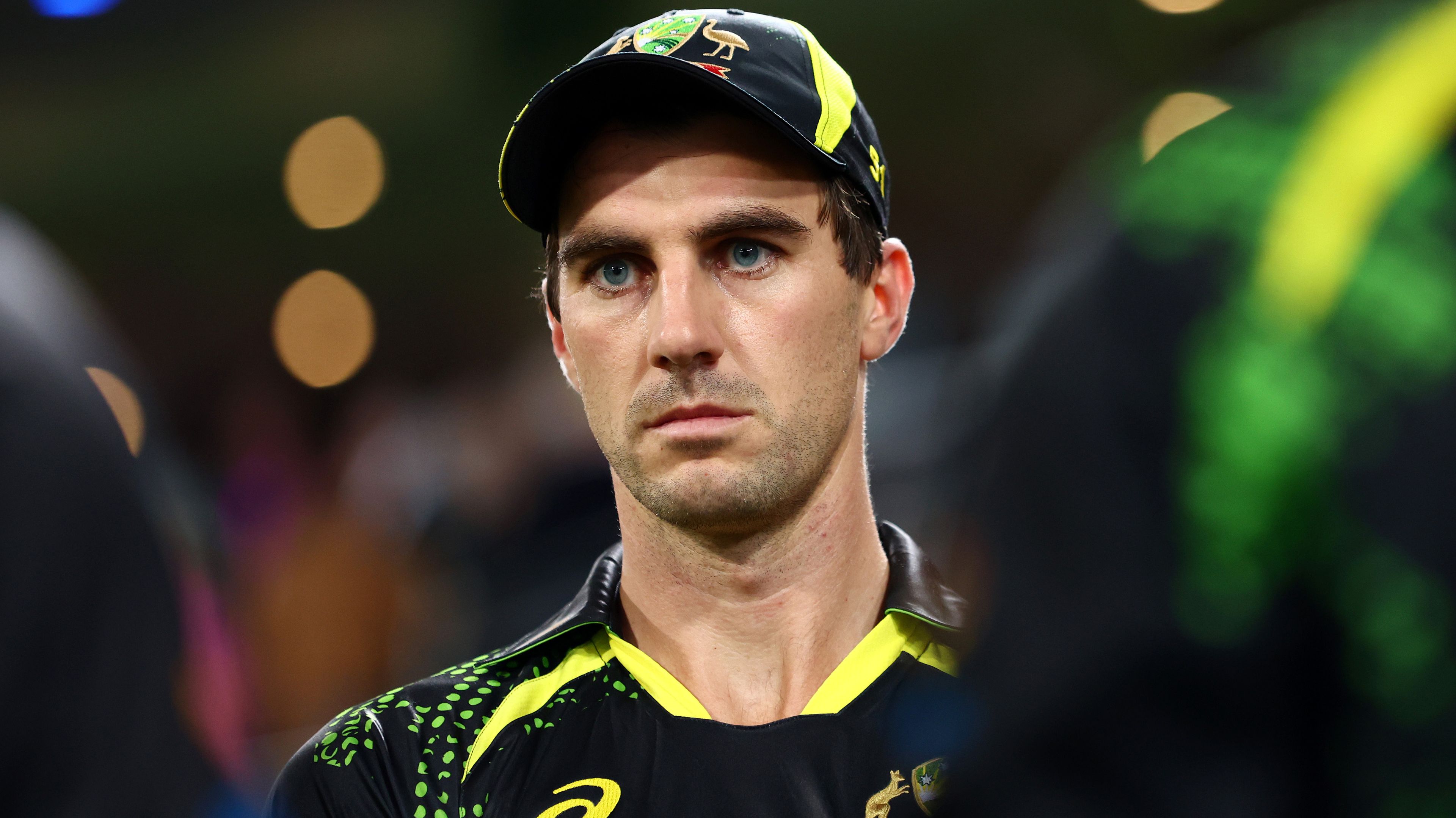 Pat Cummins of Australia looks on during game two of the T20 International Series between Australia and the West Indies at The Gabba on October 07, 2022 in Brisbane, Australia. (Photo by Chris Hyde - CA/Cricket Australia via Getty Images)