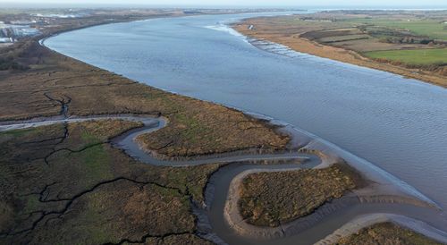 An aerial view of the Wyre Estuary where the police search for missing Nicola Bulley continues at the mouth of the river that meets Morecambe Bay  in Fleetwood, England. 