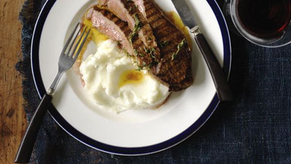 Marinated flank beef steaks with mash