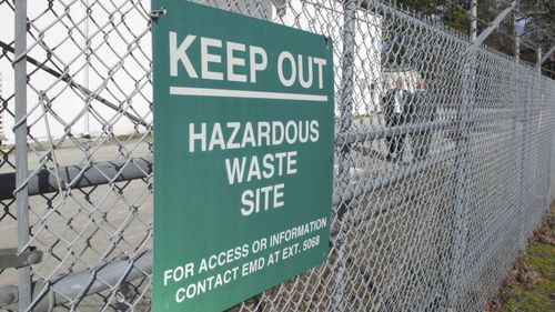 A sign cautions visitors outside a "pump and treat" facility on the Marine base at Camp Lejeune in North Carolina.
