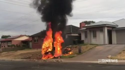 A man was lucky to escape when he lost control of his car, before it flipped and exploded in flames hitting a power pole.