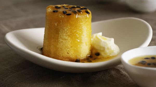 Baby lime cakes with passionfruit syrup and cream
